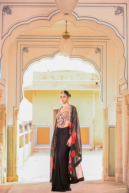 EMB BRALATTE PAIRED WITH COWL SKIRT PRINTED CAPE