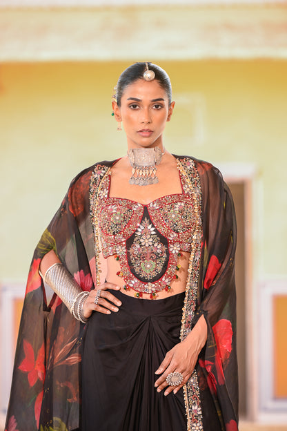 EMB BRALATTE PAIRED WITH COWL SKIRT PRINTED CAPE