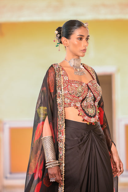 EMB BRALATTE PAIRED WITH COWL SKIRT PRINTED CAPE