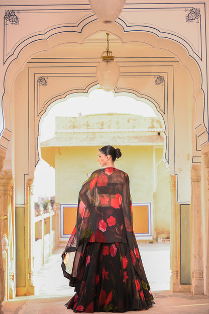 PRINTED LEHENGA PAIRED WITH EMB BRALATTE AND CAPE