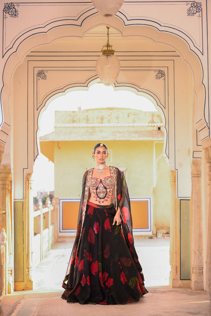 PRINTED LEHENGA PAIRED WITH EMB BRALATTE AND CAPE