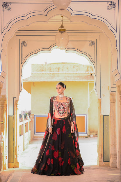 PRINTED LEHENGA PAIRED WITH EMB BRALATTE AND CAPE