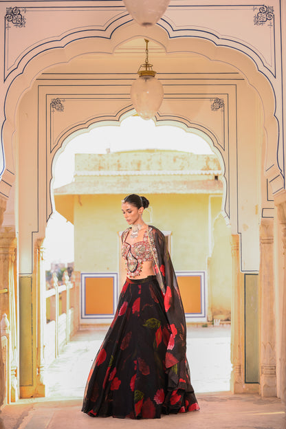 PRINTED LEHENGA PAIRED WITH EMB BRALATTE AND CAPE
