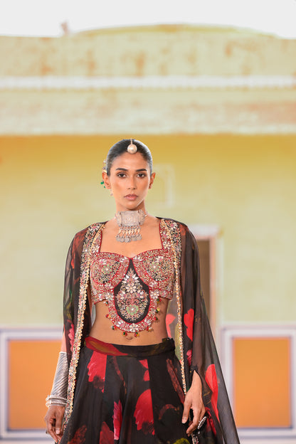 PRINTED LEHENGA PAIRED WITH EMB BRALATTE AND CAPE