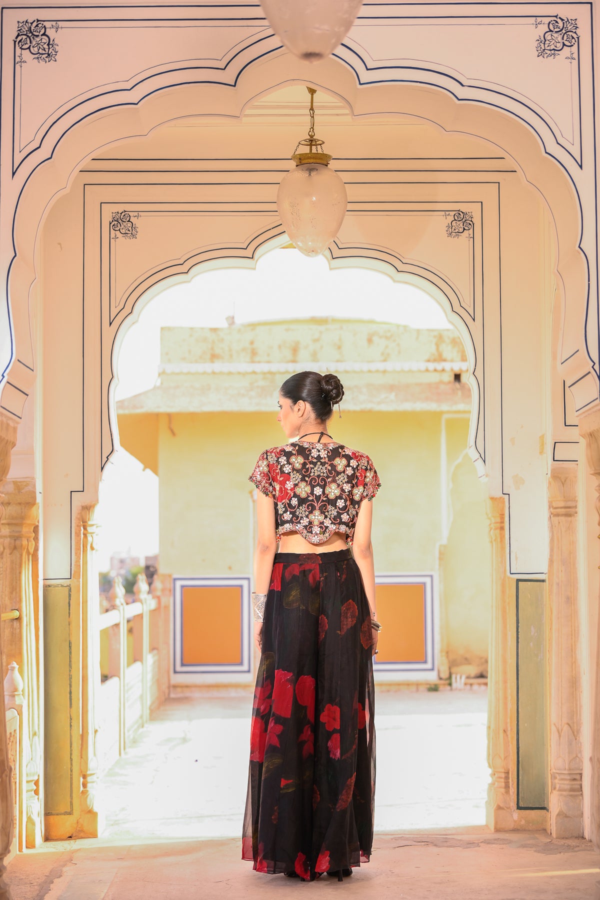 EMB JACKET PAIRED WITH EMB BRALATTE PRINTED PANT WITH EMB ON BELT
