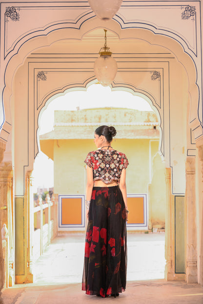 EMB JACKET PAIRED WITH EMB BRALATTE PRINTED PANT WITH EMB ON BELT