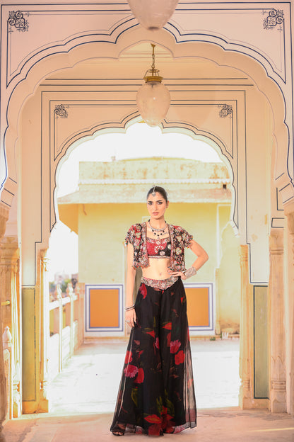 EMB JACKET PAIRED WITH EMB BRALATTE PRINTED PANT WITH EMB ON BELT