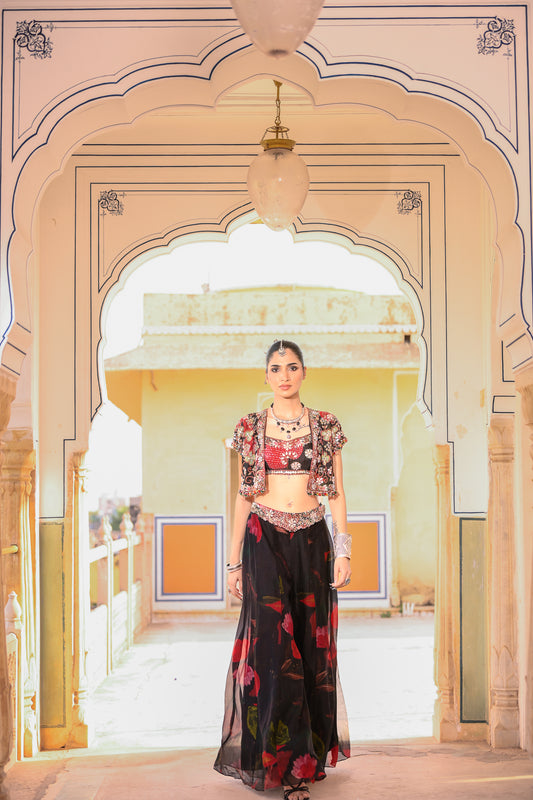 EMB JACKET PAIRED WITH EMB BRALATTE PRINTED PANT WITH EMB ON BELT