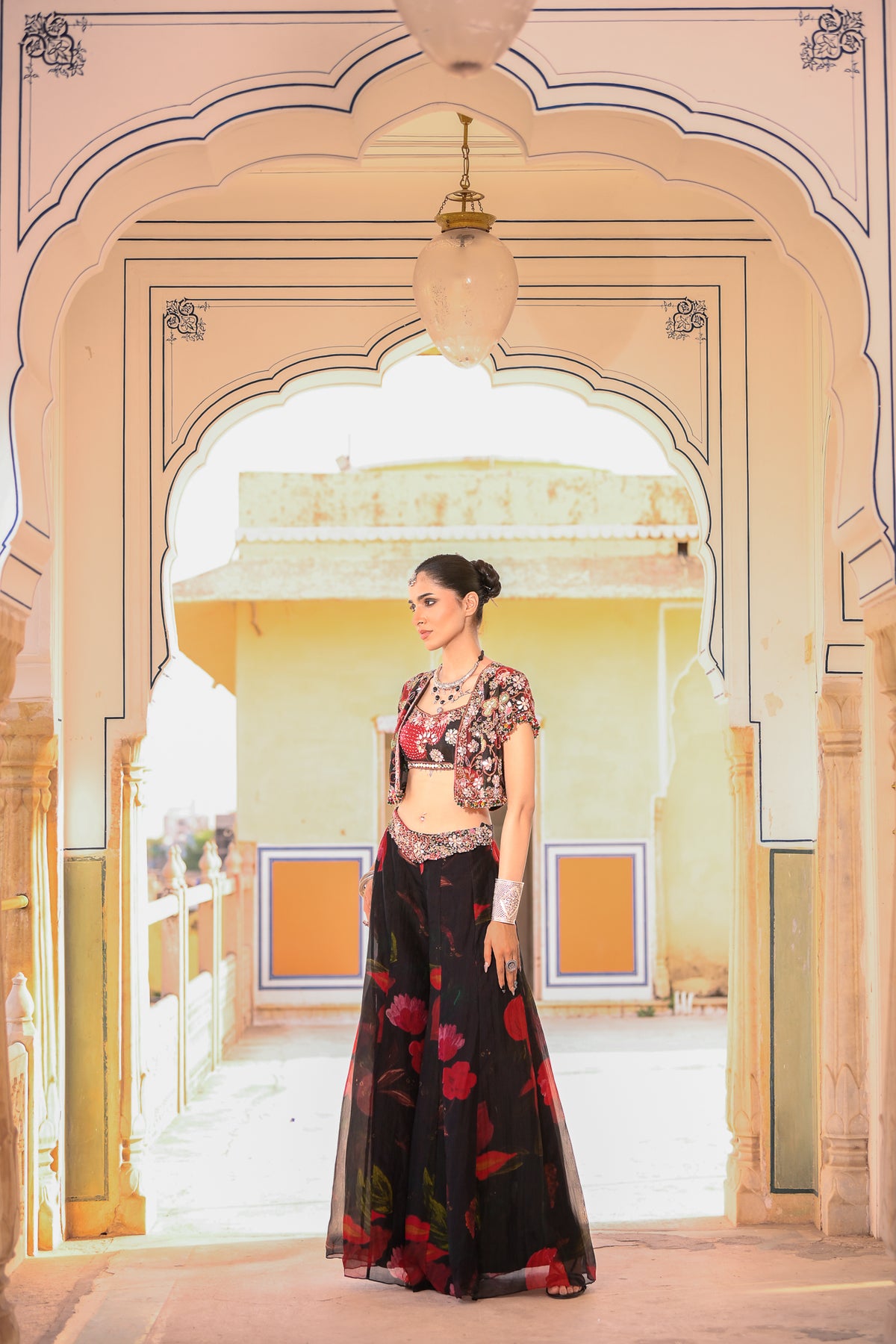 EMB JACKET PAIRED WITH EMB BRALATTE PRINTED PANT WITH EMB ON BELT