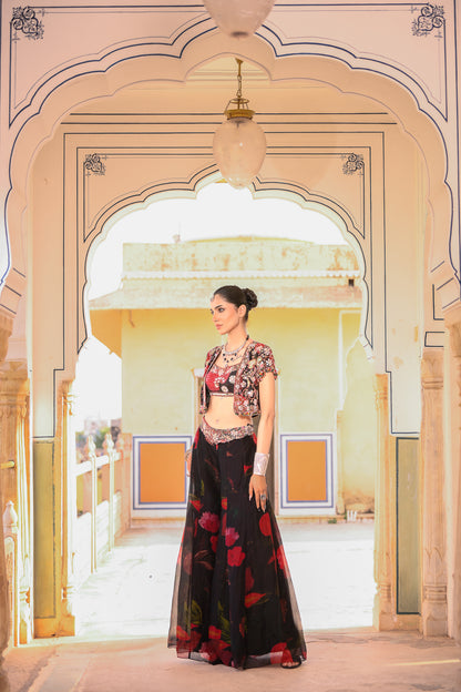 EMB JACKET PAIRED WITH EMB BRALATTE PRINTED PANT WITH EMB ON BELT