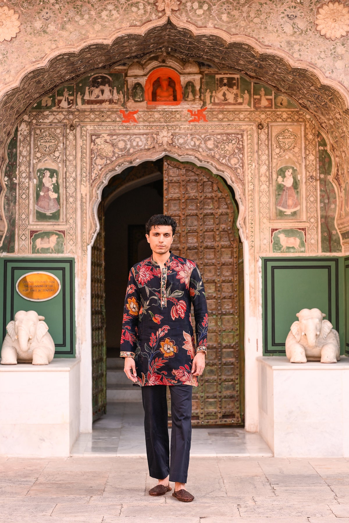 ORGANZA KURTA WITH EMB PUTIN & CUFF AND FLAIRED BLUE PANT