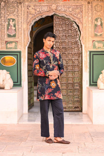 ORGANZA KURTA WITH EMB PUTIN & CUFF AND FLAIRED BLUE PANT