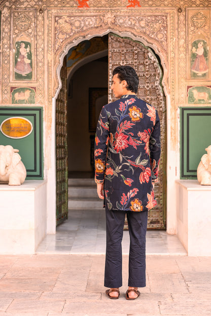 ORGANZA KURTA WITH EMB PUTIN & CUFF AND FLAIRED BLUE PANT