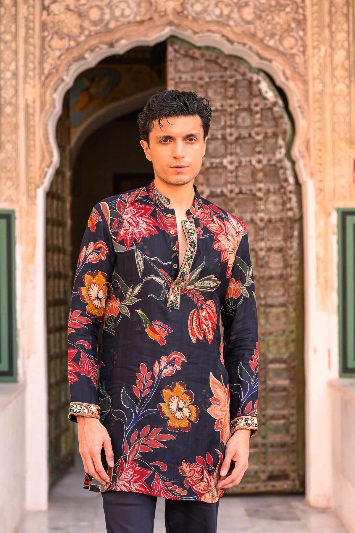 ORGANZA KURTA WITH EMB PUTIN & CUFF AND FLAIRED BLUE PANT