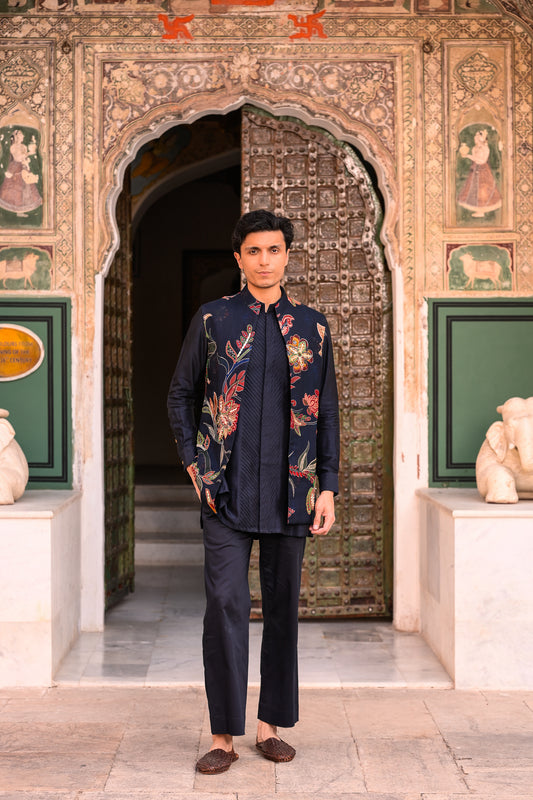 ORGNAZA HIGHLIGHT HALF JACKET WITH PLAIN PINTUCK KURTA AND FLAIRED BLUE PANT