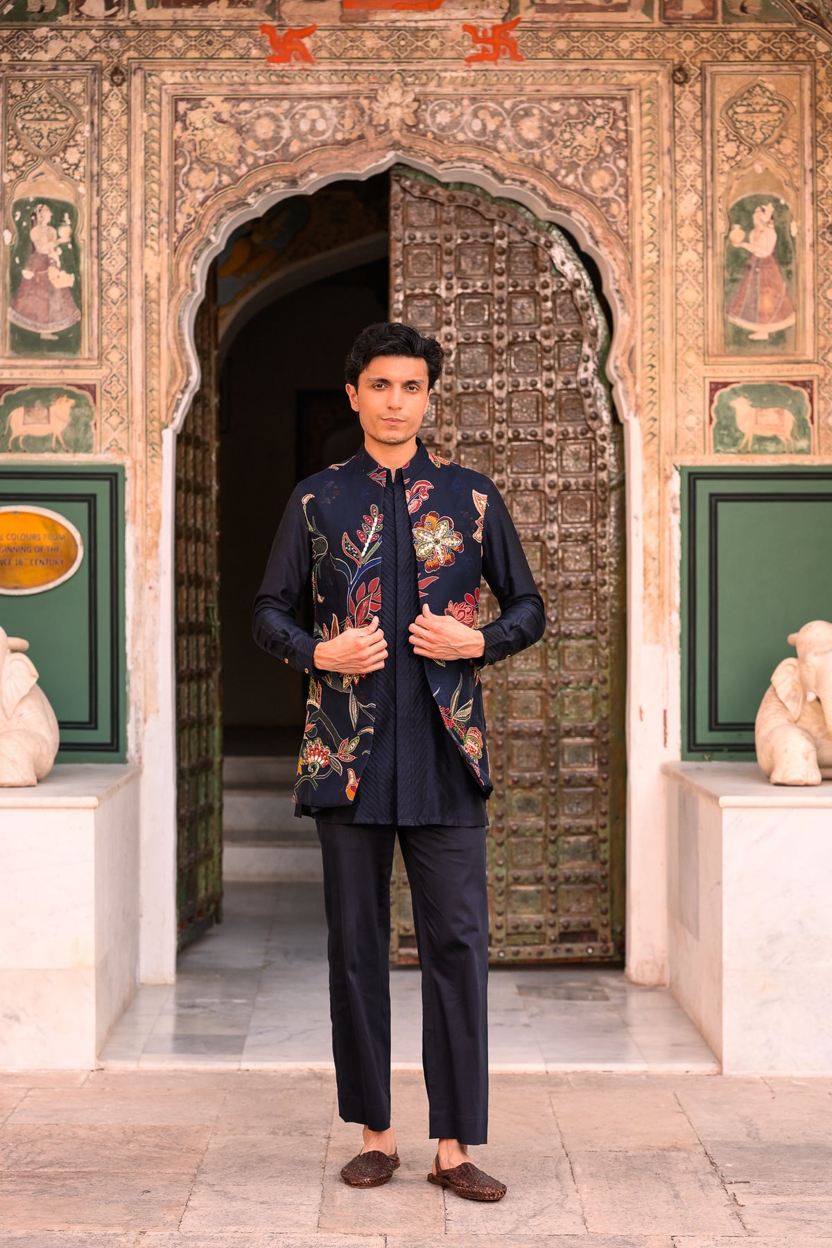 ORGNAZA HIGHLIGHT HALF JACKET WITH PLAIN PINTUCK KURTA AND FLAIRED BLUE PANT