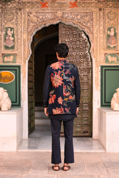 ORGNAZA HIGHLIGHT HALF JACKET WITH PLAIN PINTUCK KURTA AND FLAIRED BLUE PANT