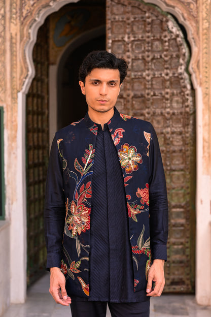 ORGNAZA HIGHLIGHT HALF JACKET WITH PLAIN PINTUCK KURTA AND FLAIRED BLUE PANT