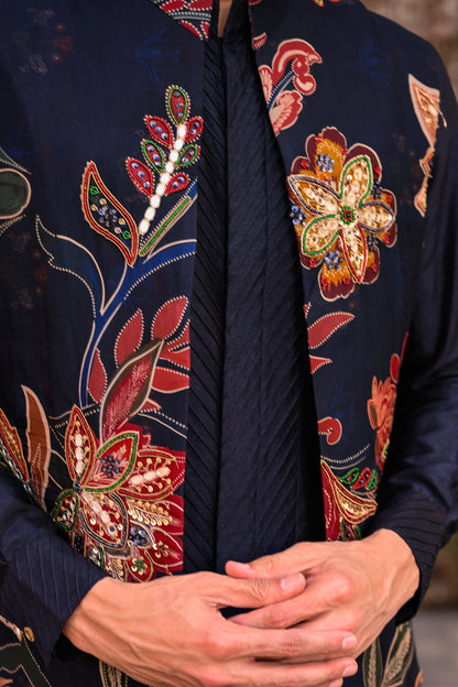 ORGNAZA HIGHLIGHT HALF JACKET WITH PLAIN PINTUCK KURTA AND FLAIRED BLUE PANT