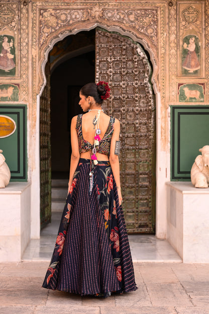 DUEL PRINTED LEHANGA WITH EMB TASSLE BLOUSE