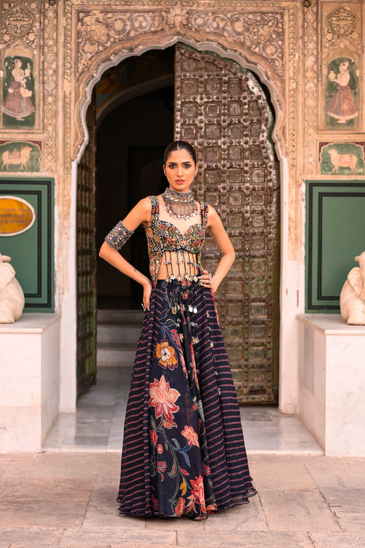 DUEL PRINTED LEHANGA WITH EMB TASSLE BLOUSE