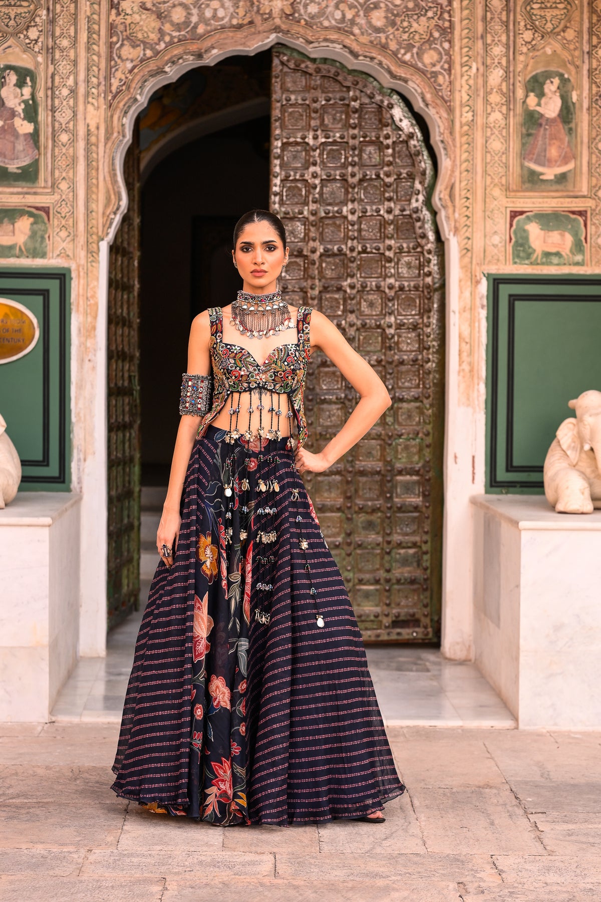 DUEL PRINTED LEHANGA WITH EMB TASSLE BLOUSE