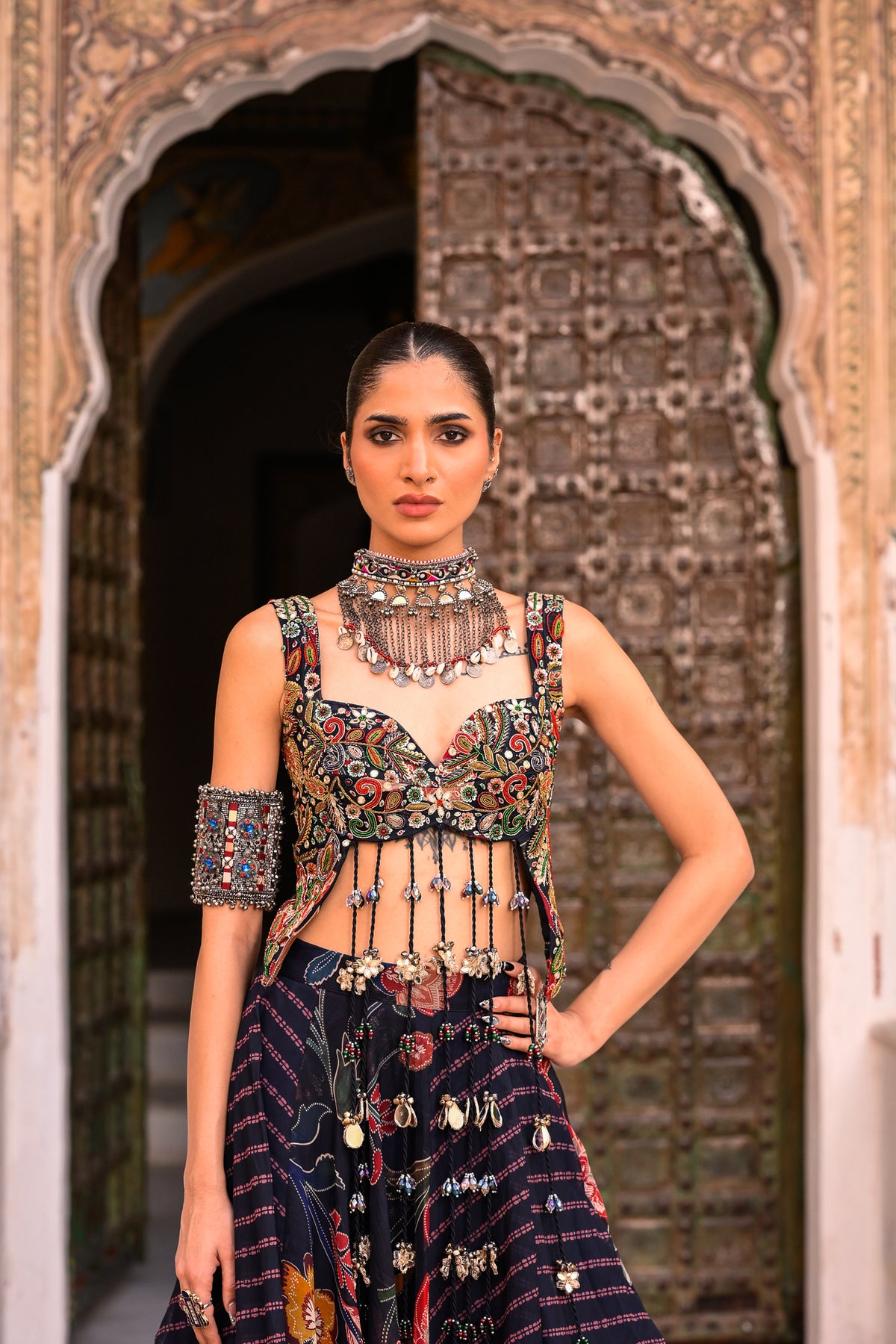 DUEL PRINTED LEHANGA WITH EMB TASSLE BLOUSE