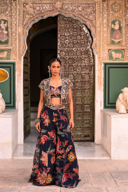 PRINTED ORGANZA PANT WITH EMB BRALATTE + JACKET EMB