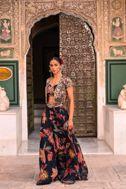 PRINTED ORGANZA PANT WITH EMB BRALATTE + JACKET EMB