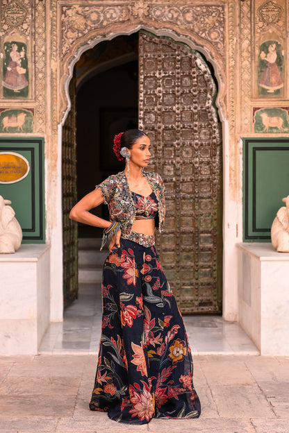 PRINTED ORGANZA PANT WITH EMB BRALATTE + JACKET EMB
