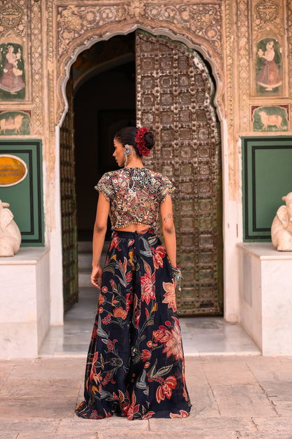 PRINTED ORGANZA PANT WITH EMB BRALATTE + JACKET EMB