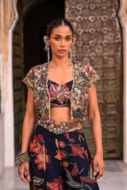 PRINTED ORGANZA PANT WITH EMB BRALATTE + JACKET EMB