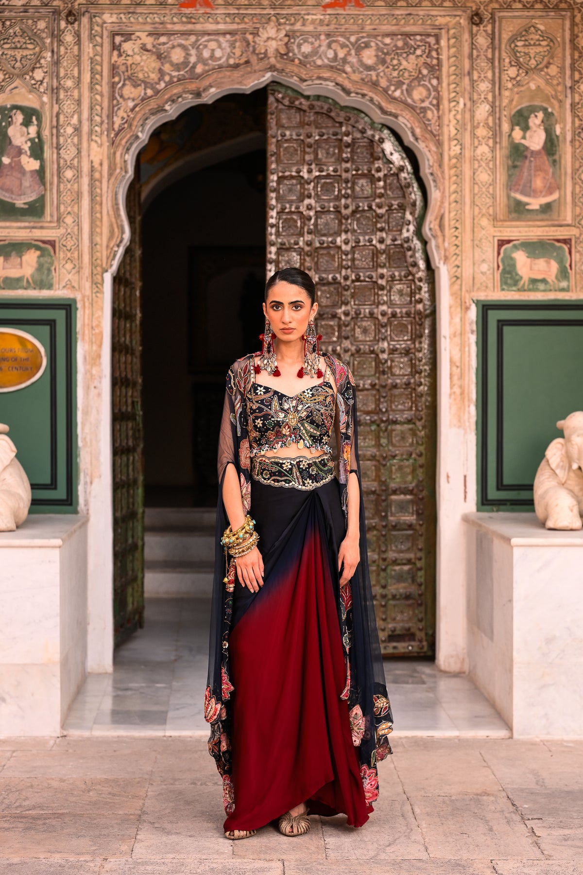 DUEL SHADED COWL SKIRT + EMB BLOUSE + APPLIQUE CAPE