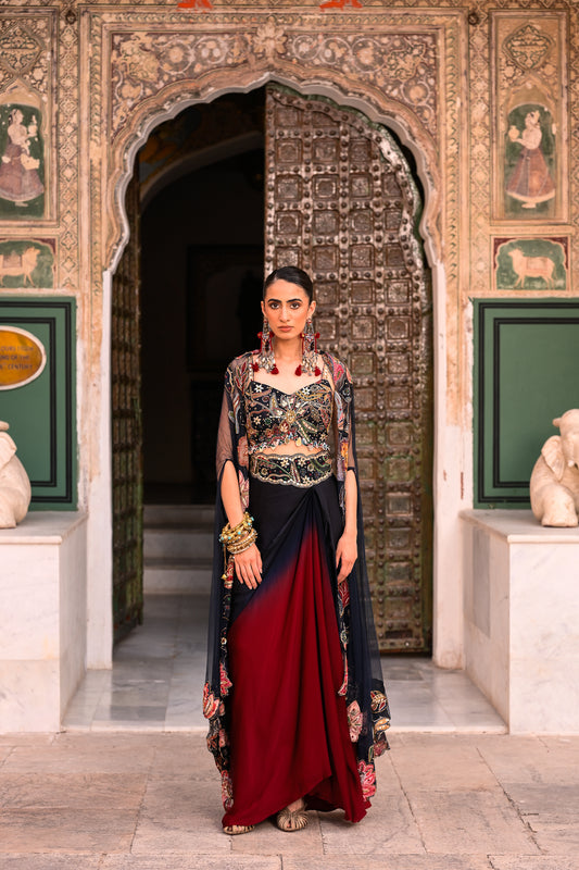 DUEL SHADED COWL SKIRT + EMB BLOUSE + APPLIQUE CAPE