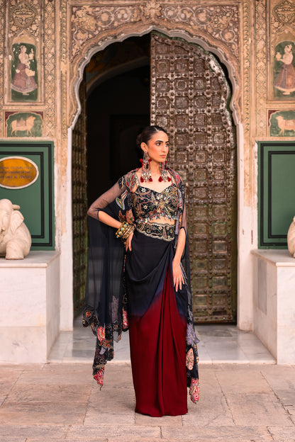 DUEL SHADED COWL SKIRT + EMB BLOUSE + APPLIQUE CAPE