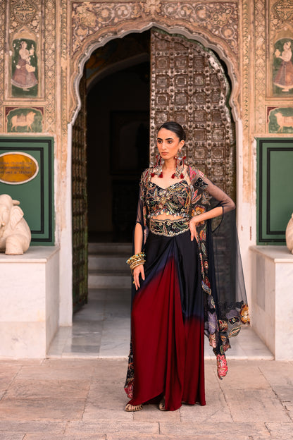 DUEL SHADED COWL SKIRT + EMB BLOUSE + APPLIQUE CAPE