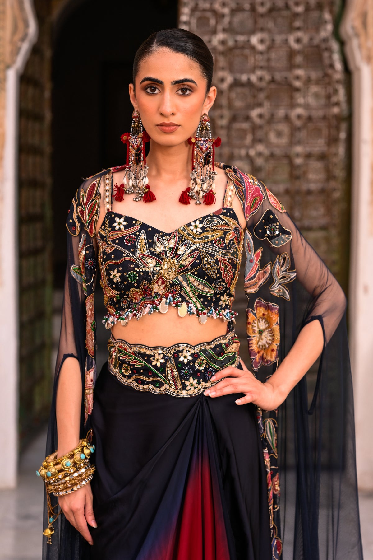 DUEL SHADED COWL SKIRT + EMB BLOUSE + APPLIQUE CAPE