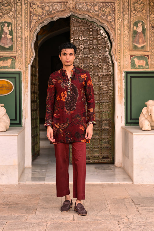 PRINTED ORGANZA KURTA WITH EMB PUTIN & CUFF AND FLAIRED MAROON PANT