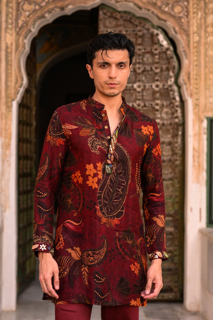 PRINTED ORGANZA KURTA WITH EMB PUTIN & CUFF AND FLAIRED MAROON PANT