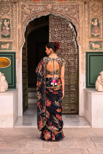 PRISTICHED ORGANZA SAREE WITH HIGHLIGHTED OPEN PALLA+ EMB BLOUSE