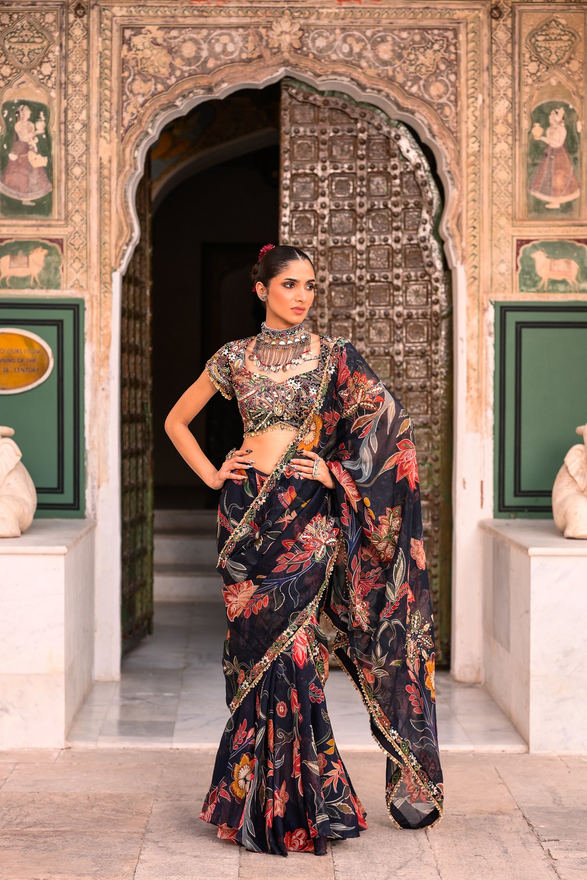 PRISTICHED ORGANZA SAREE WITH HIGHLIGHTED OPEN PALLA+ EMB BLOUSE