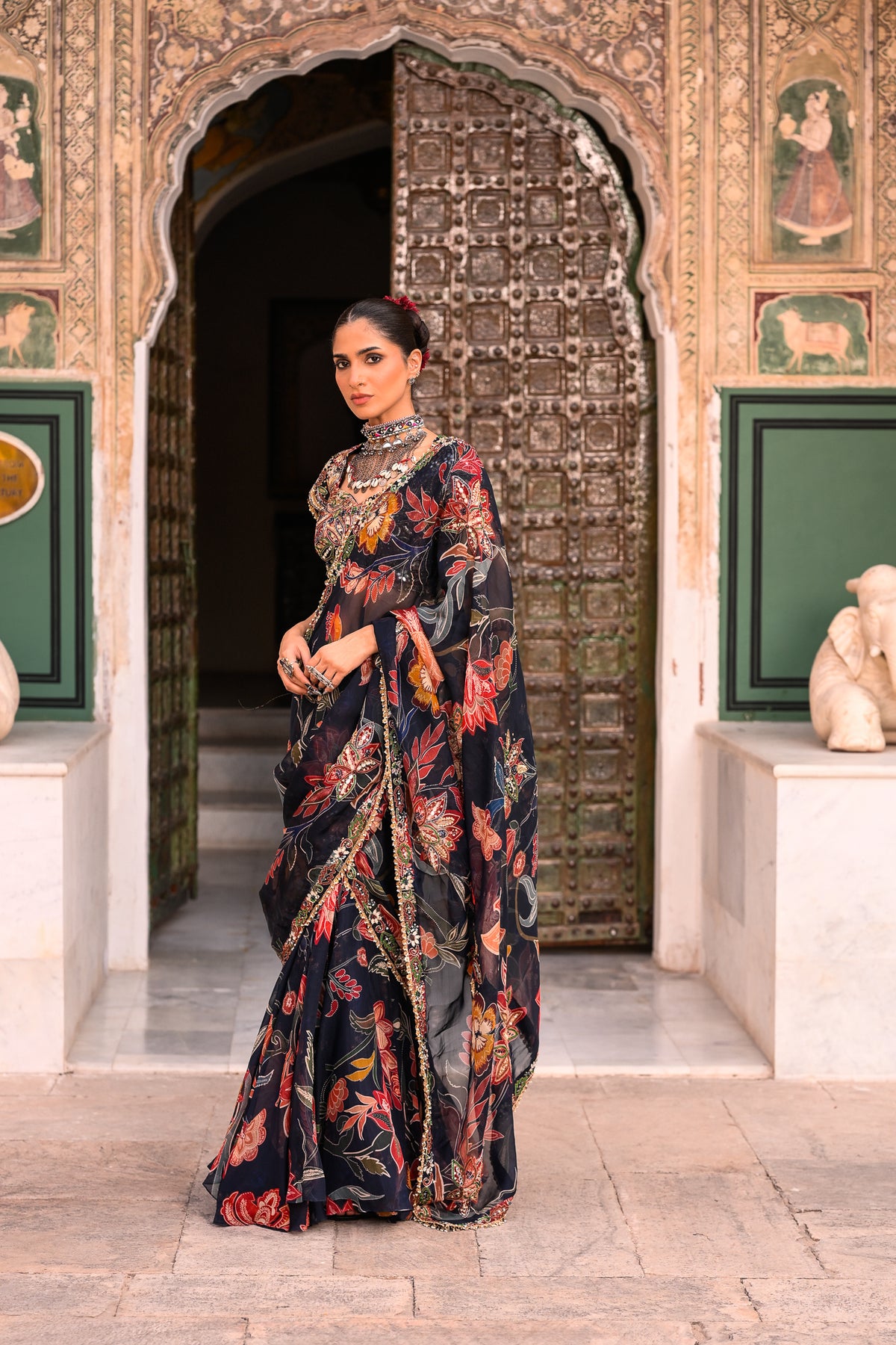 PRISTICHED ORGANZA SAREE WITH HIGHLIGHTED OPEN PALLA+ EMB BLOUSE