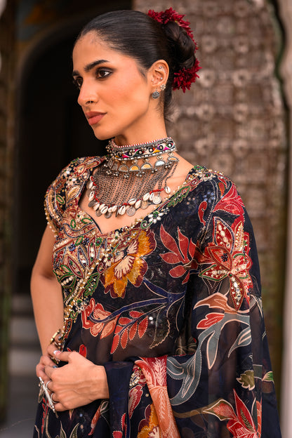 PRISTICHED ORGANZA SAREE WITH HIGHLIGHTED OPEN PALLA+ EMB BLOUSE