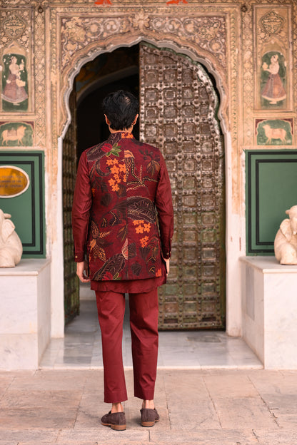 ORGNAZA HIGHLIGHT HALF JACKET WITH PLAIN PINTUCK KURTA AND FLAIRED MAROON PANT