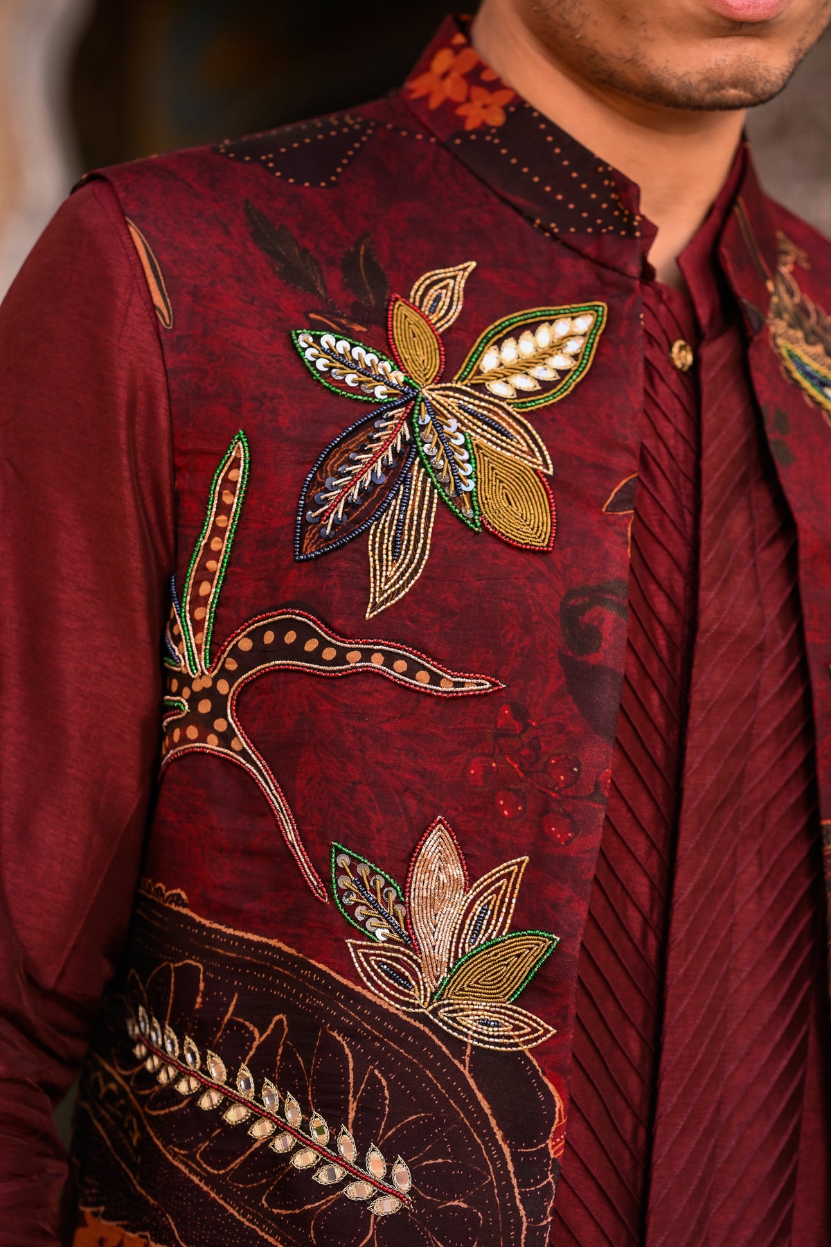 ORGNAZA HIGHLIGHT HALF JACKET WITH PLAIN PINTUCK KURTA AND FLAIRED MAROON PANT