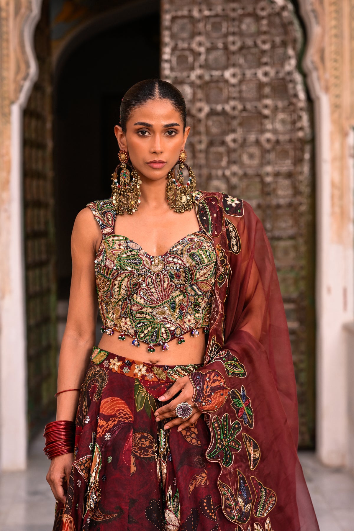 EMB CORSET WITH HIGHLIGHTED LEHENGA WITH APLIQUE DUPATTA