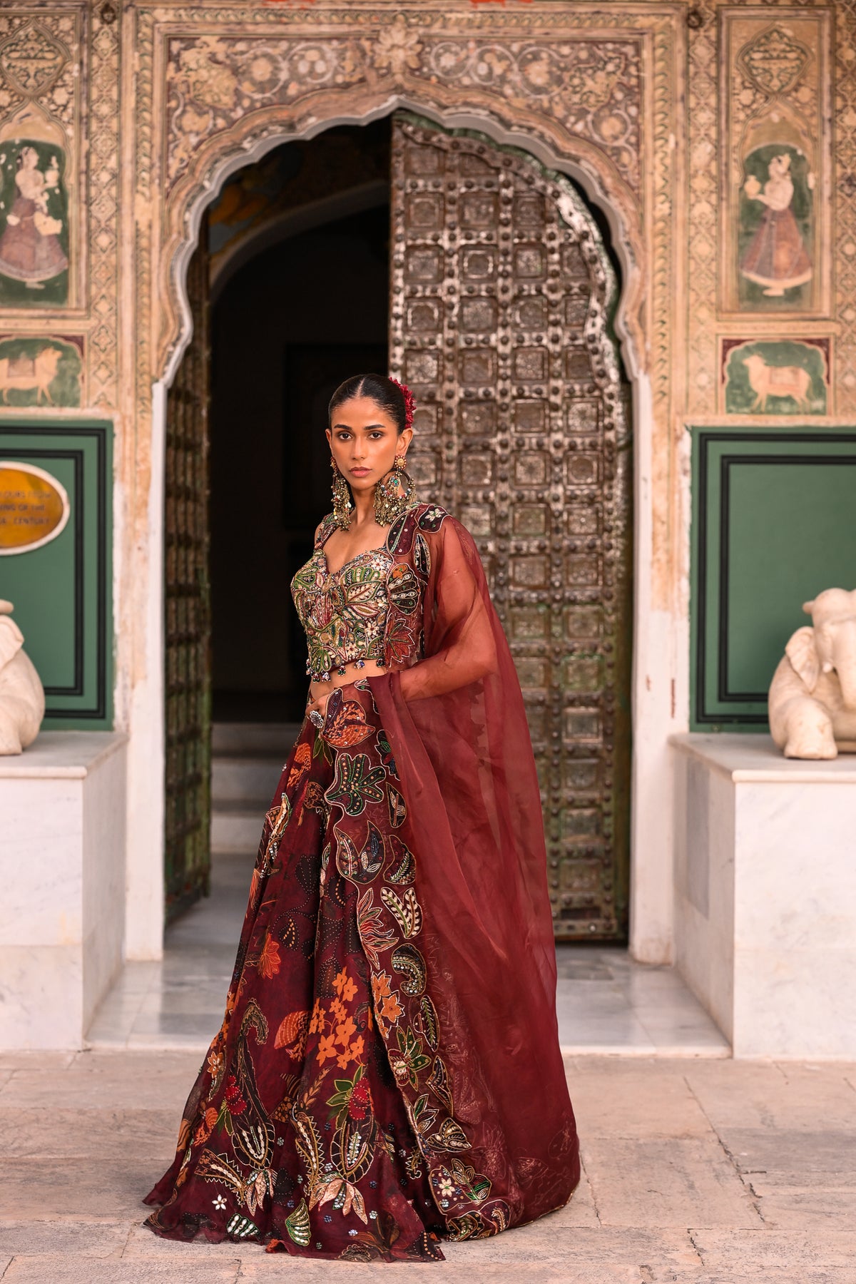 EMB CORSET WITH HIGHLIGHTED LEHENGA WITH APLIQUE DUPATTA
