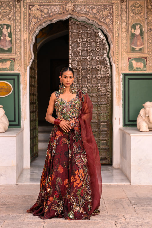 EMB CORSET WITH HIGHLIGHTED LEHENGA WITH APLIQUE DUPATTA