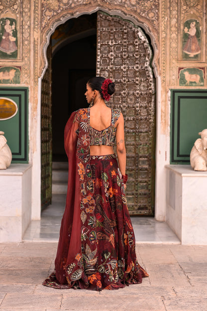 EMB CORSET WITH HIGHLIGHTED LEHENGA WITH APLIQUE DUPATTA