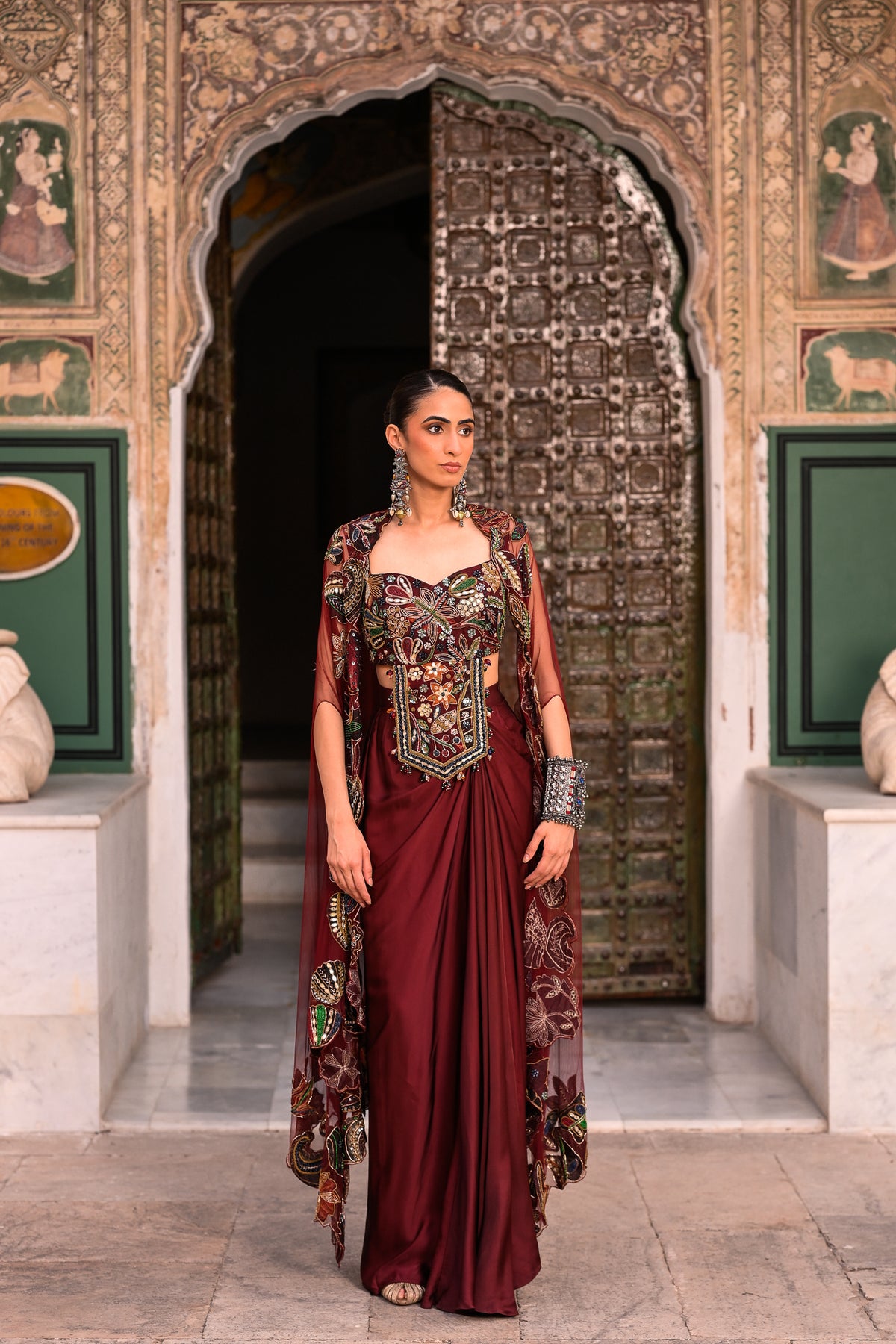 SATIN COWL SKIRT WITH EMB BRALATTE + NET APPLIQUE CAPE